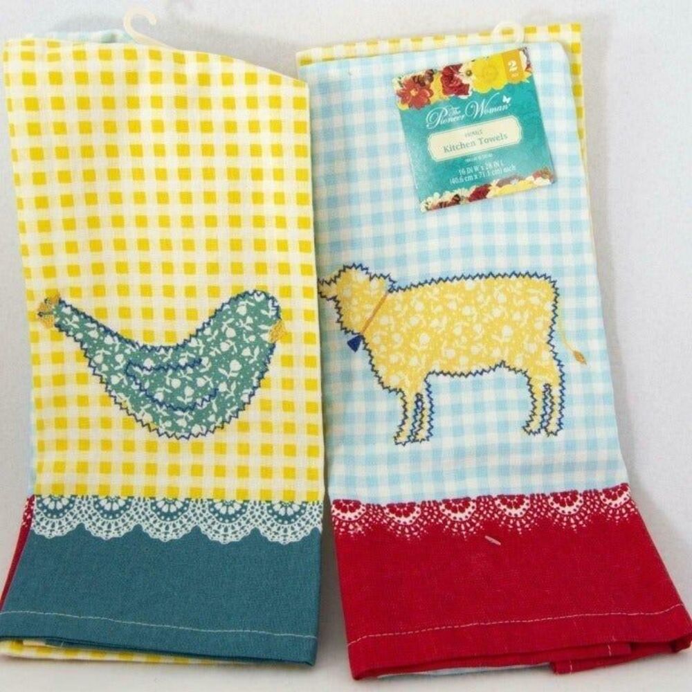Pioneer Woman Animals Kitchen Towels Set Gingham Bird Chicken Cow Farmhouse